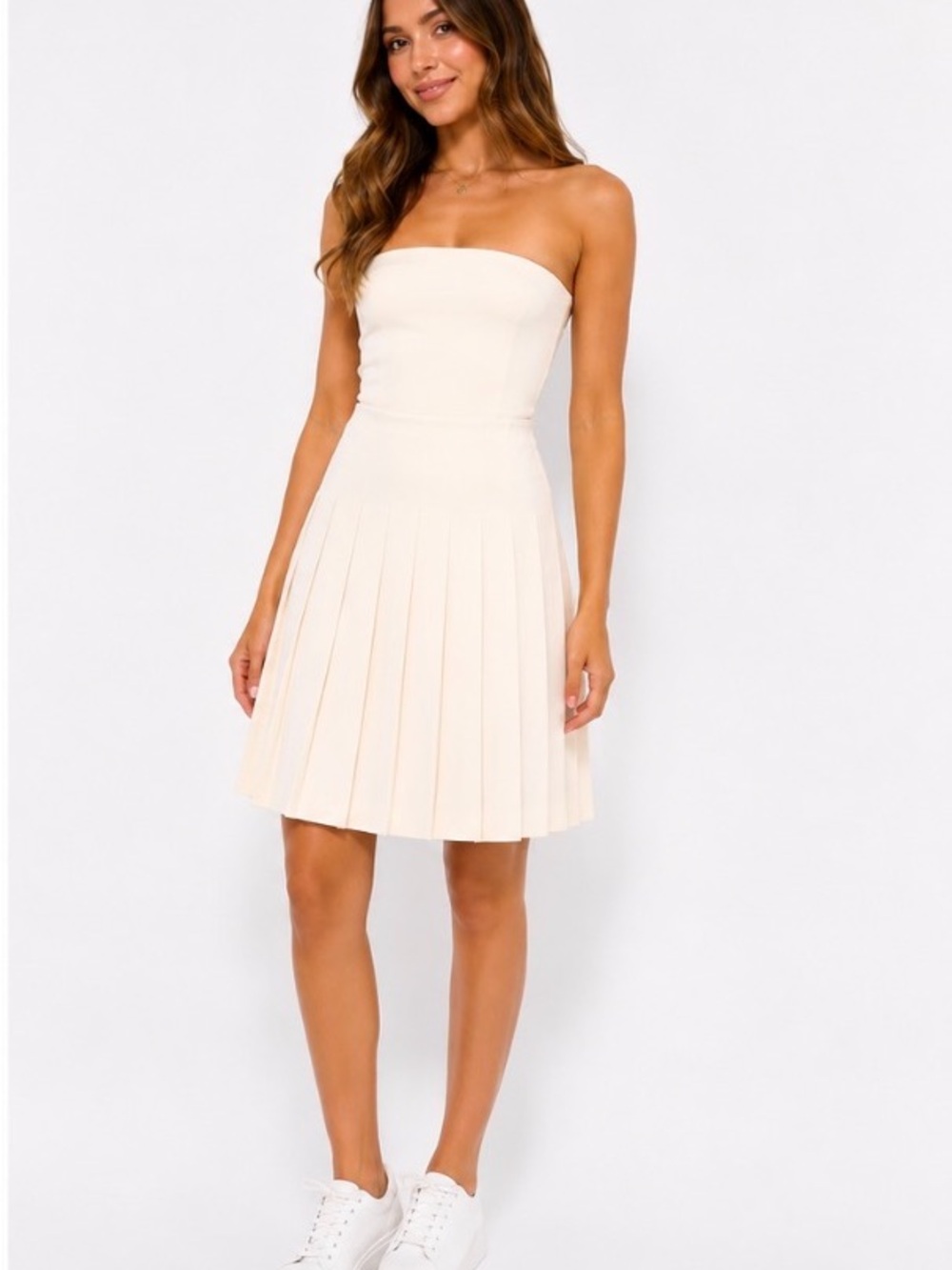 Strapless Pleated Midi Skirt in Cream